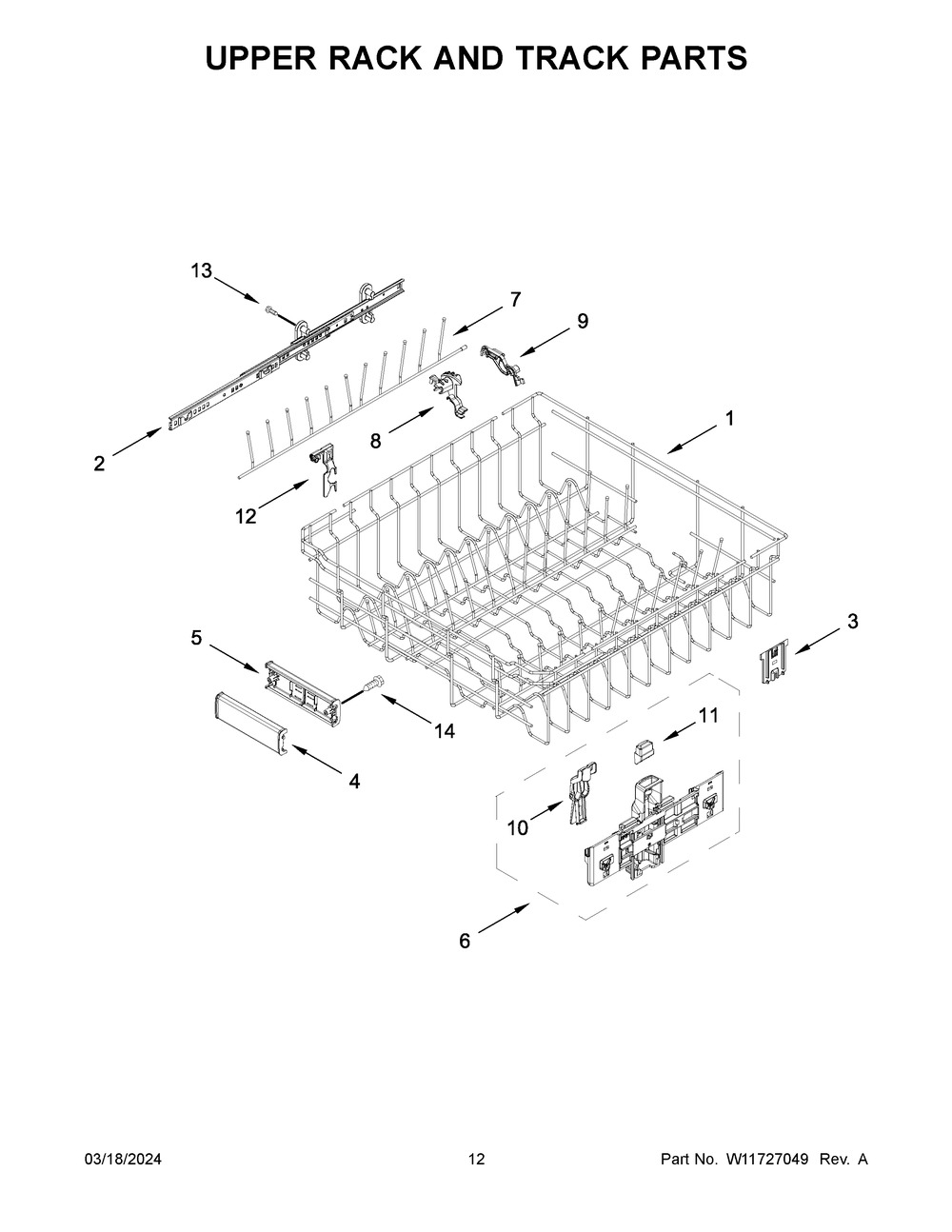 Upper Rack And Track Parts Diagram and Parts List for JDPSG244PS1  Jenn-Air Dishwasher