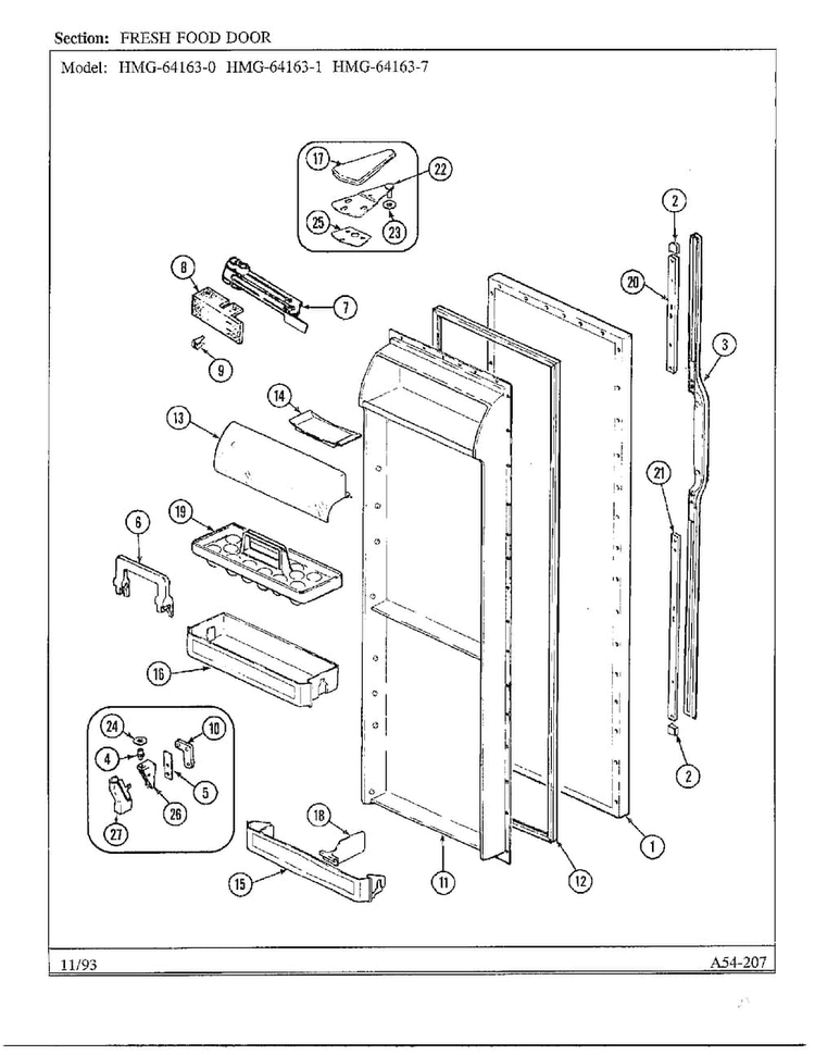 Fresh Food Door Diagram and Parts List for 64163-0A  Admiral Refrigerator