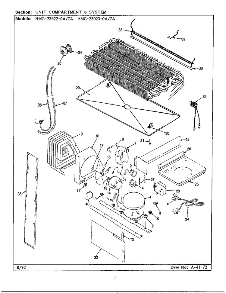 Unit Compartment & System Diagram and Parts List for 23922-0A  Admiral Refrigerator