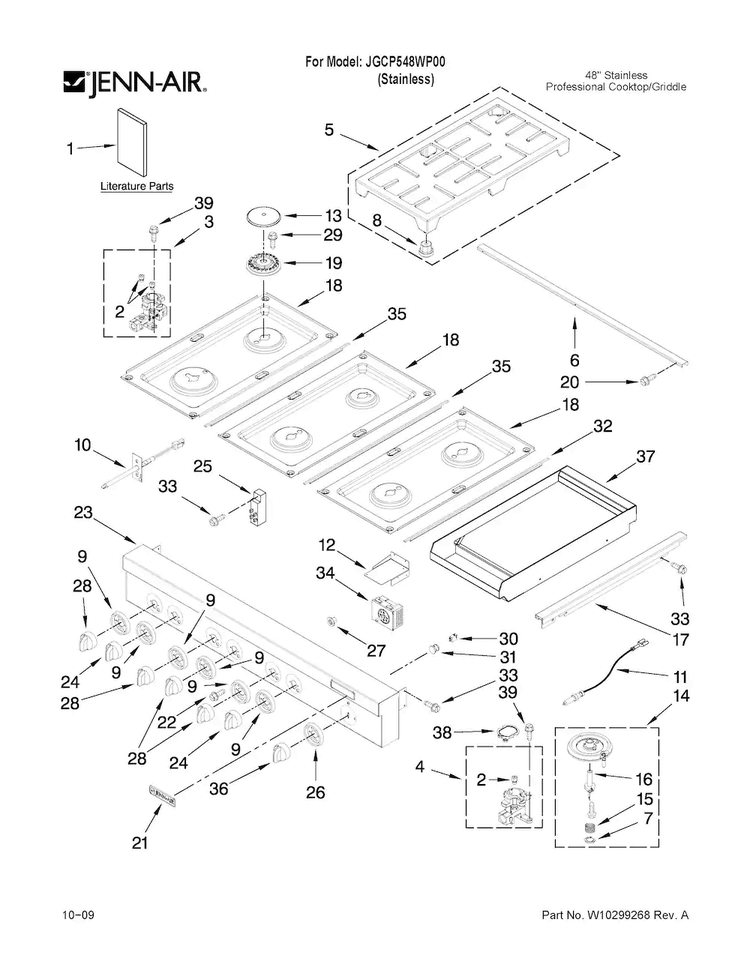 Cooktop, Burner And Grate Parts Diagram and Parts List for JGCP548WP00  Jenn-Air Cooktop