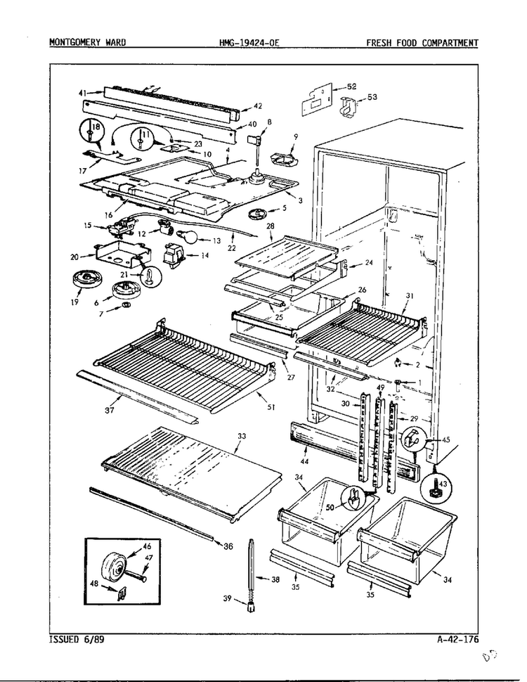 Fresh Food Compartment Diagram and Parts List for 19424E  Admiral Refrigerator