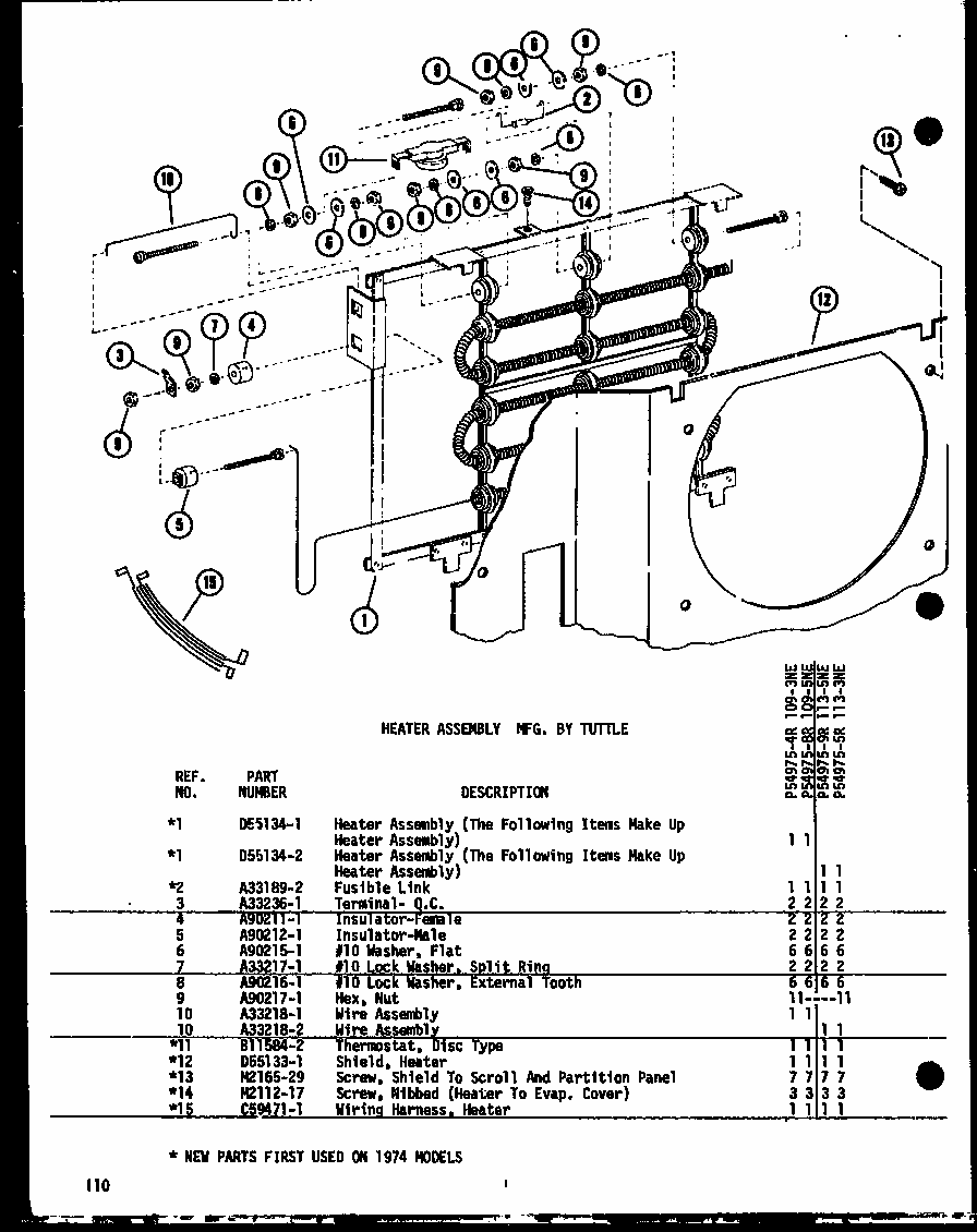 Heater Assembly Mfg. By Tuttle (109-3ne/p54975-4r) (109-5ne/p54975-8r) (113-5ne/p54975-9r) (113-3ne/p54975-5r) Diagram and Parts List for 109-5NE P54975-8R Amana Air Conditioner
