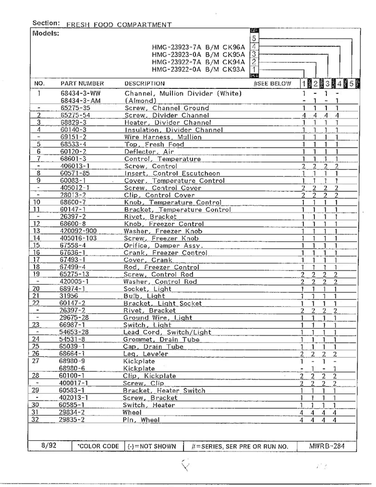 Fresh Food Compartment Page 2 Diagram and Parts List for 23922-0A  Admiral Refrigerator