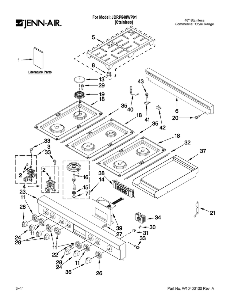Cooktop, Burner And Grate Parts Diagram and Parts List for JDRP548WP01  Jenn-Air Range