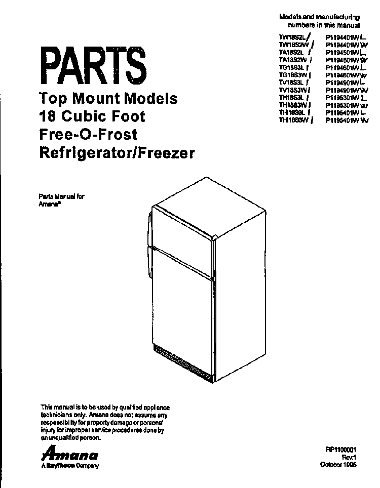 Cover Diagram and Parts List for TA18S2W-P1194501WW  Amana Refrigerator