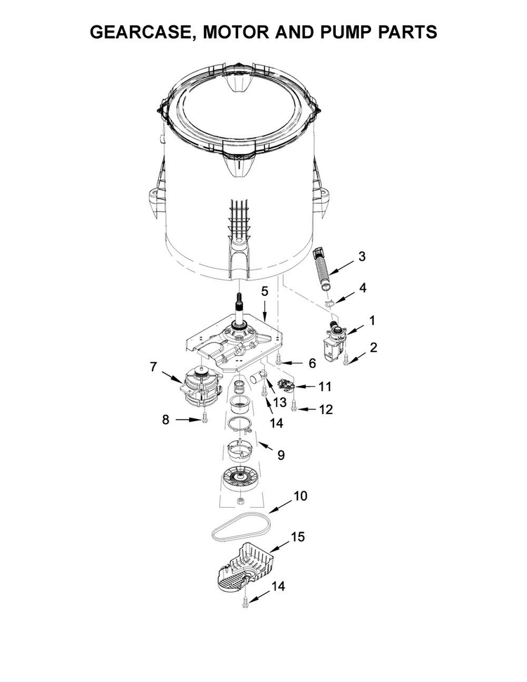 Gearcase, Motor And Pump Parts Diagram and Parts List for 4KMVWC315FW0  Maytag Washer