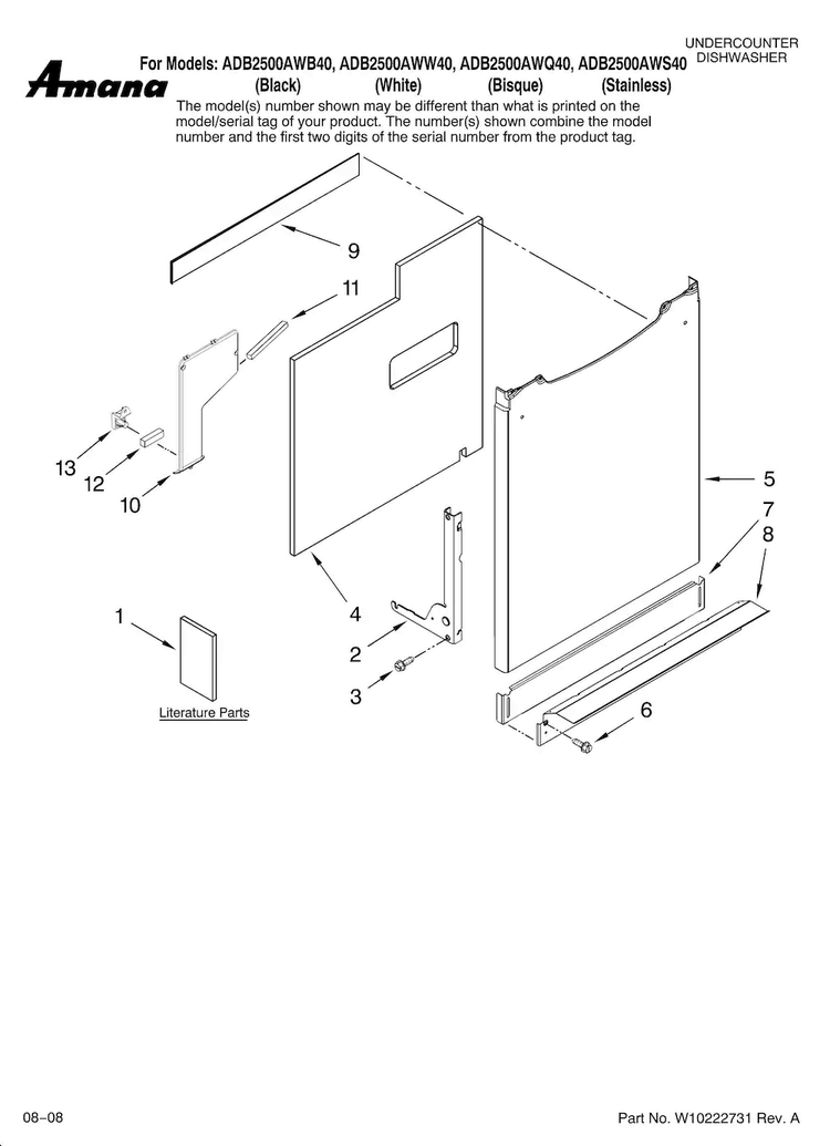 Door And Panel Parts Diagram and Parts List for ADB2500AWS40  Amana Dishwasher