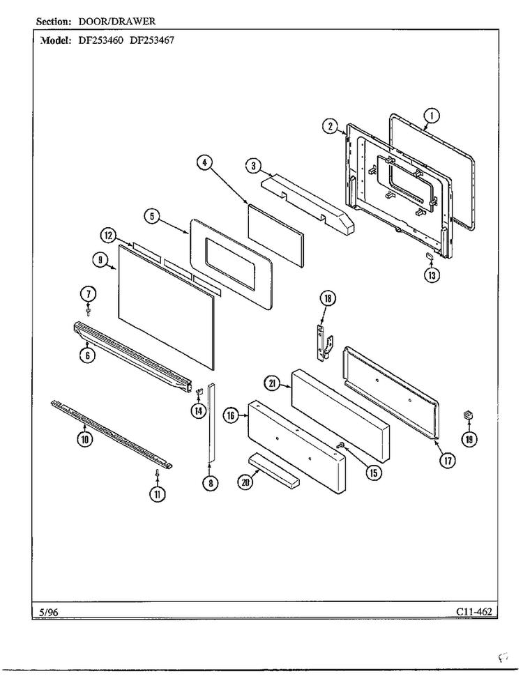Door/drawer Diagram and Parts List for DF253467  Magic Chef Range
