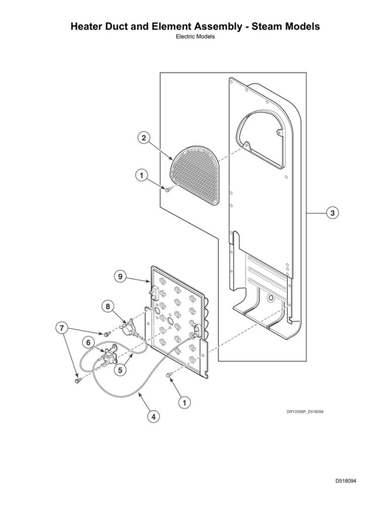 Heater Duct/Element Assembly  Steam Diagram and Parts List for ADE6HRYS177TW01  Speed Queen Dryer