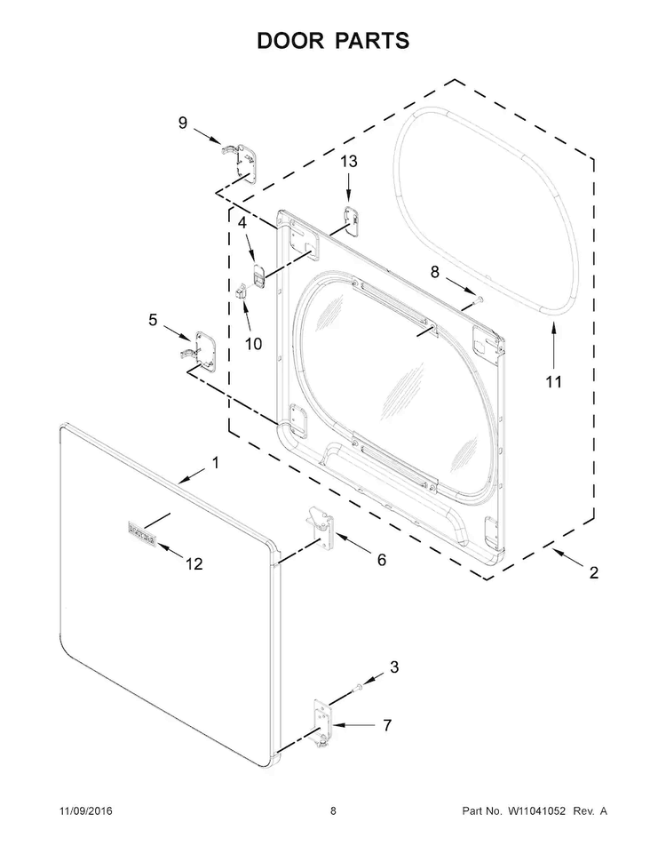 Door Parts Diagram and Parts List for MGDB835DC3  Maytag Dryer