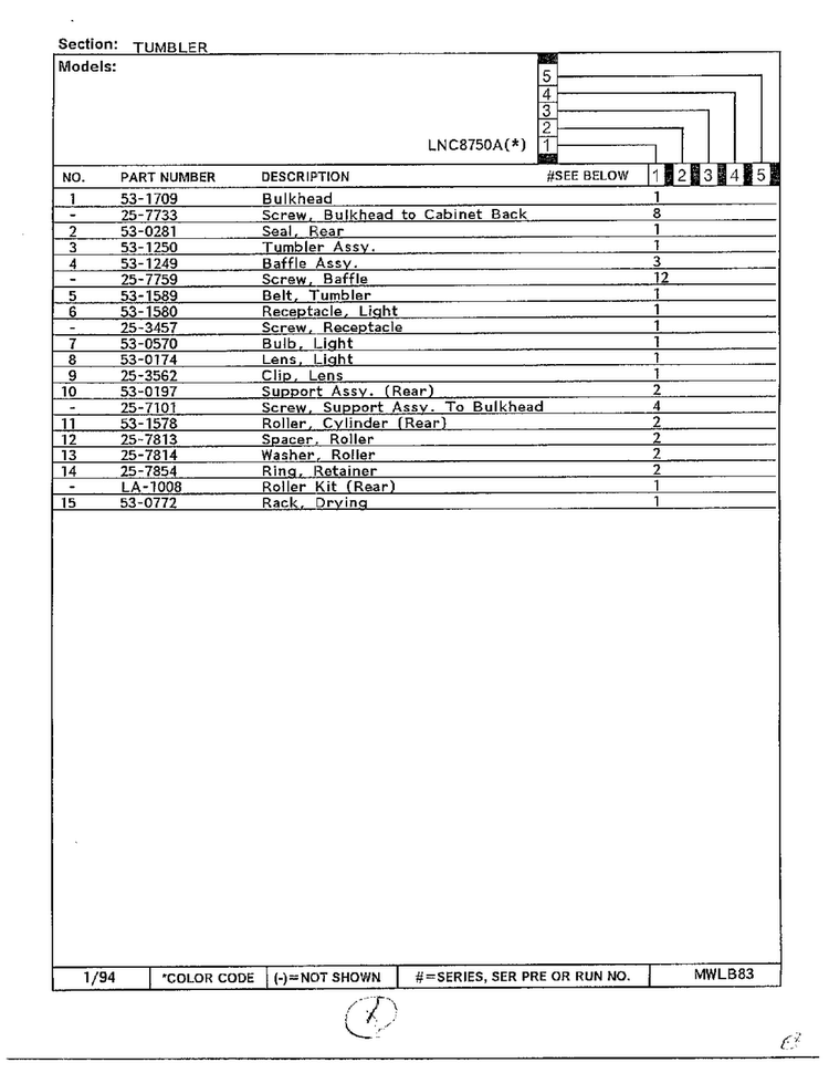 Tumbler Page 2 Diagram and Parts List for 8750A  Norge Dryer
