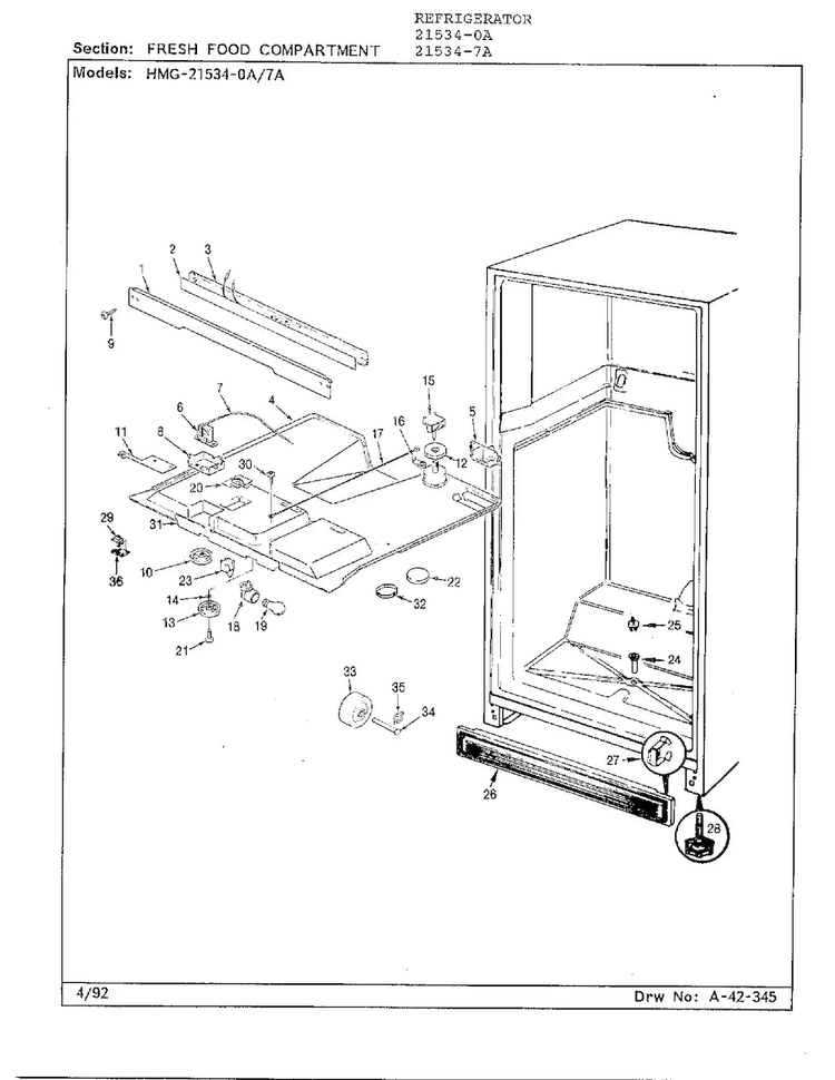 Fresh Food Compartment Diagram and Parts List for 21534-7A  Admiral Refrigerator