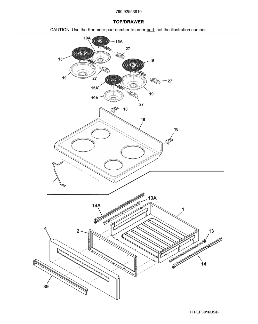 Top/Drawer Diagram and Parts List for 79092553810  Kenmore Range