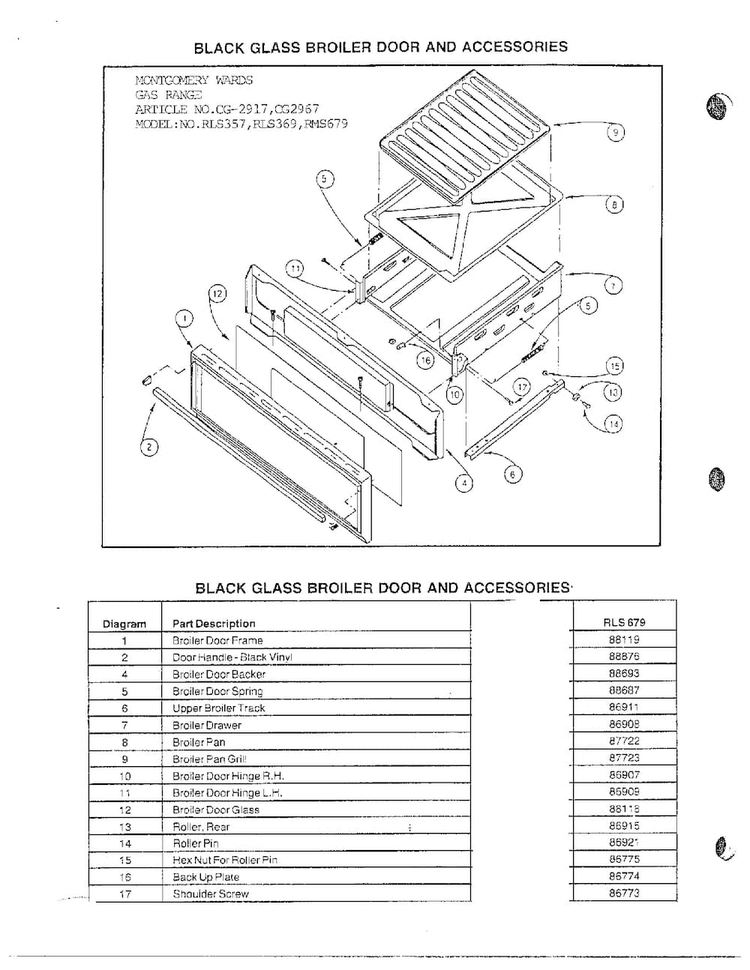 Broiler Door/accessories Diagram and Parts List for 2917  Amana Range