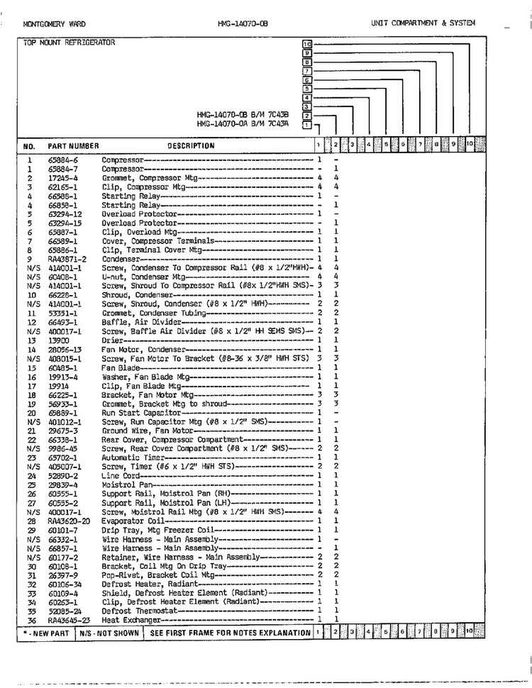 Unit Compartment/system Page 2 Diagram and Parts List for 14070B-0  Admiral Refrigerator