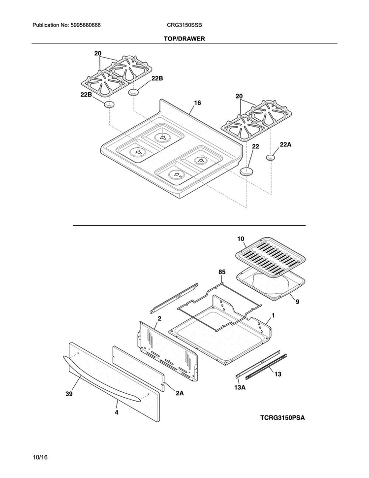 Top/drawer Diagram and Parts List for CRG3150SSB  Crosley Range