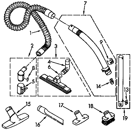 Hose And Attachment Parts Diagram and Parts List for 1162304590  Kenmore Canister Vacuum