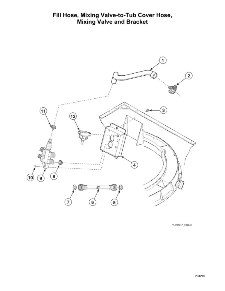 Fill Hose/Mixing Valve-To-Tub Cover Hose/Mixing Valve/Bracket Diagram and Parts List for AWNE9RSN115TW01  Speed Queen Washer