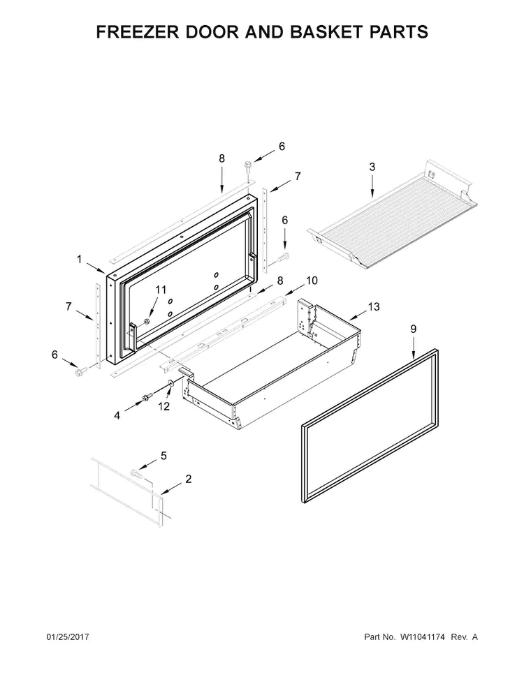 Freezer Door And Basket Parts Diagram and Parts List for JF36NXFXDE01  Jenn-Air Refrigerator