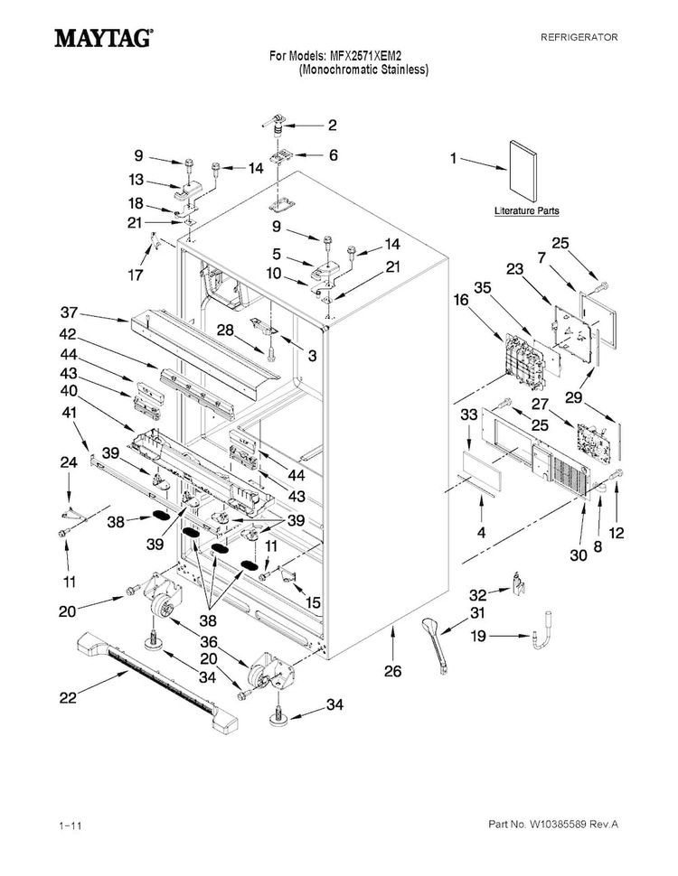 Cabinet Parts Diagram and Parts List for MFX2571XEM2  Maytag Refrigerator