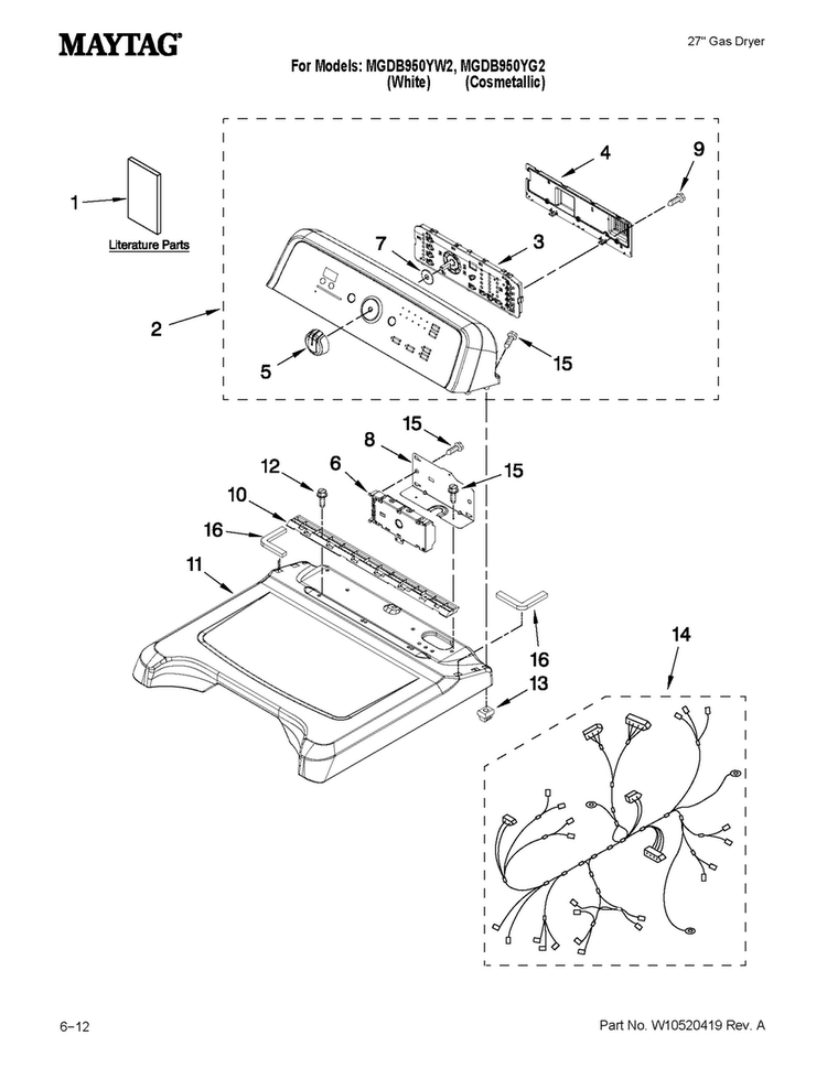 Top And Console Parts Diagram and Parts List for MGDB950YW2  Maytag Dryer