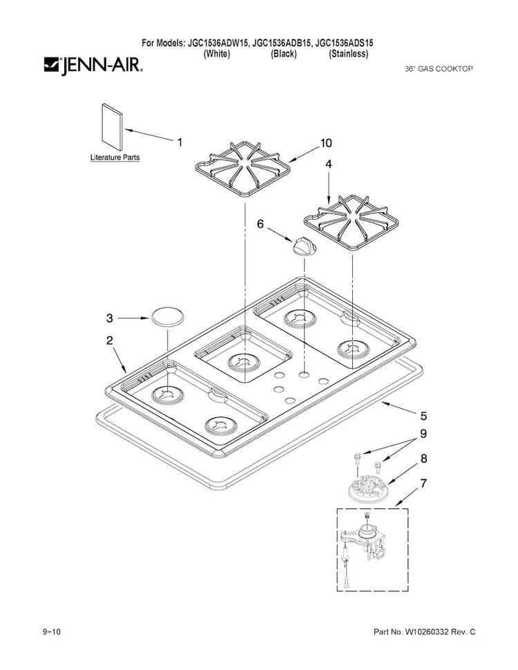Cooktop, Burner And Grate Parts Diagram and Parts List for JGC1536ADW15  Jenn-Air Cooktop