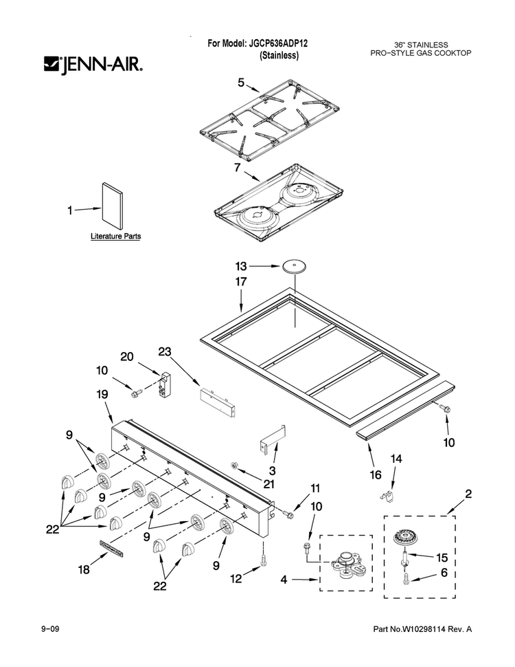 Cooktop, Burner And Grate Parts Diagram and Parts List for JGCP636ADP12  Jenn-Air Cooktop