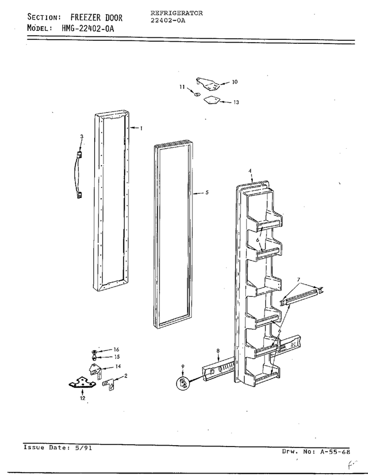 Freezer Door Diagram and Parts List for 22402-0A  Admiral Refrigerator