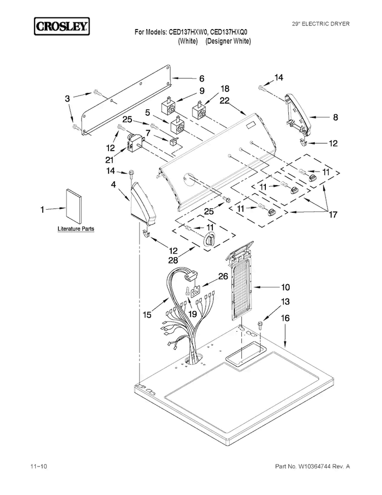 Top And Console Parts Diagram and Parts List for CED137HXQ0  Crosley Dryer