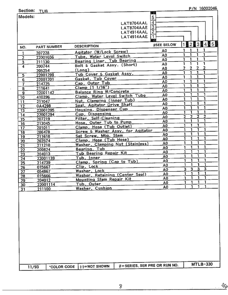 Tub Page 2 Diagram and Parts List for 6349  Maytag Washer