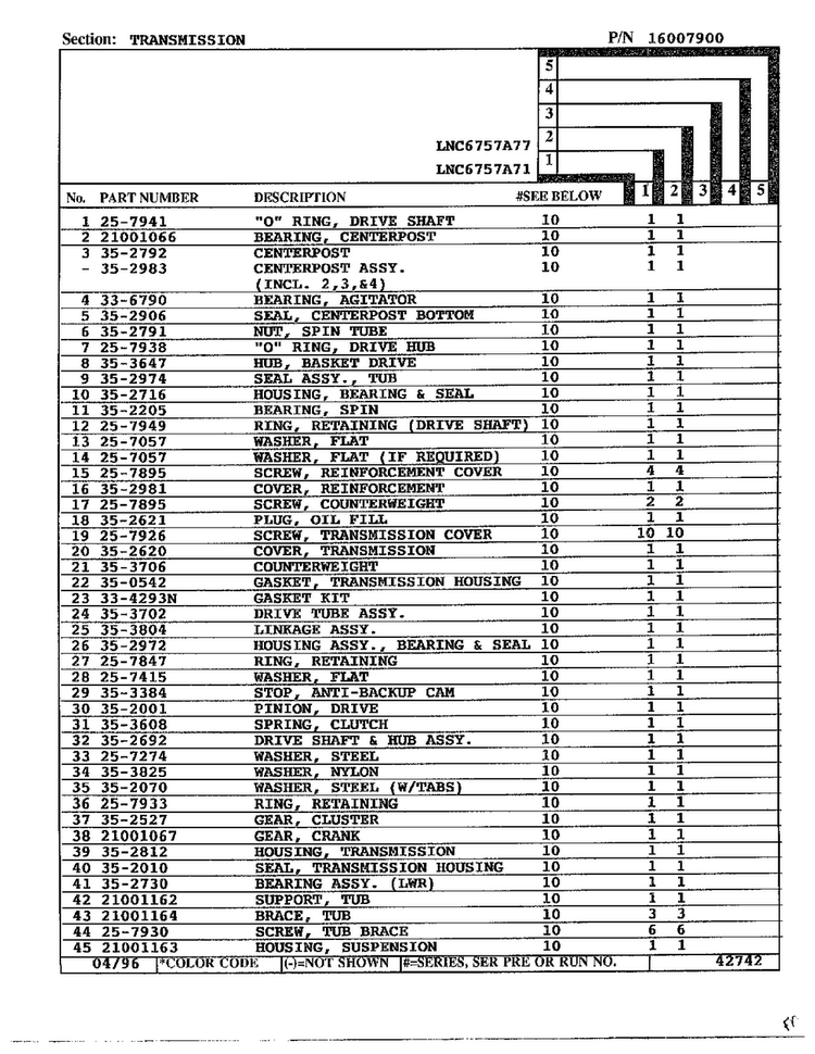 Transmission Page 2 Diagram and Parts List for LNC6757A77  Admiral Washer