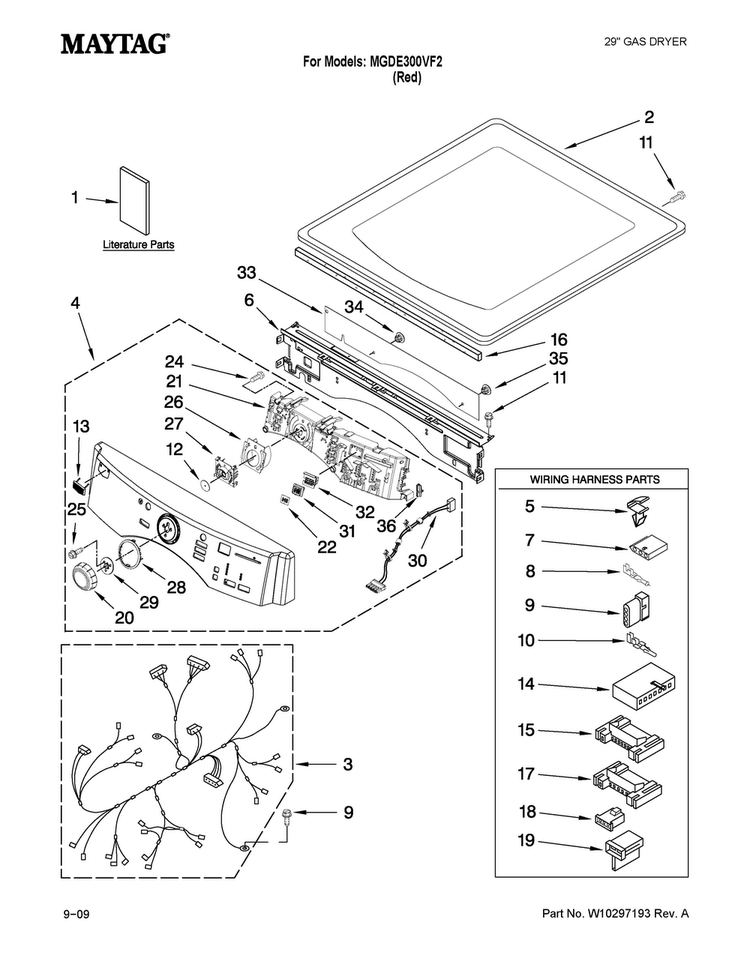 Top And Console Parts Diagram and Parts List for MGDE300VF2  Maytag Dryer