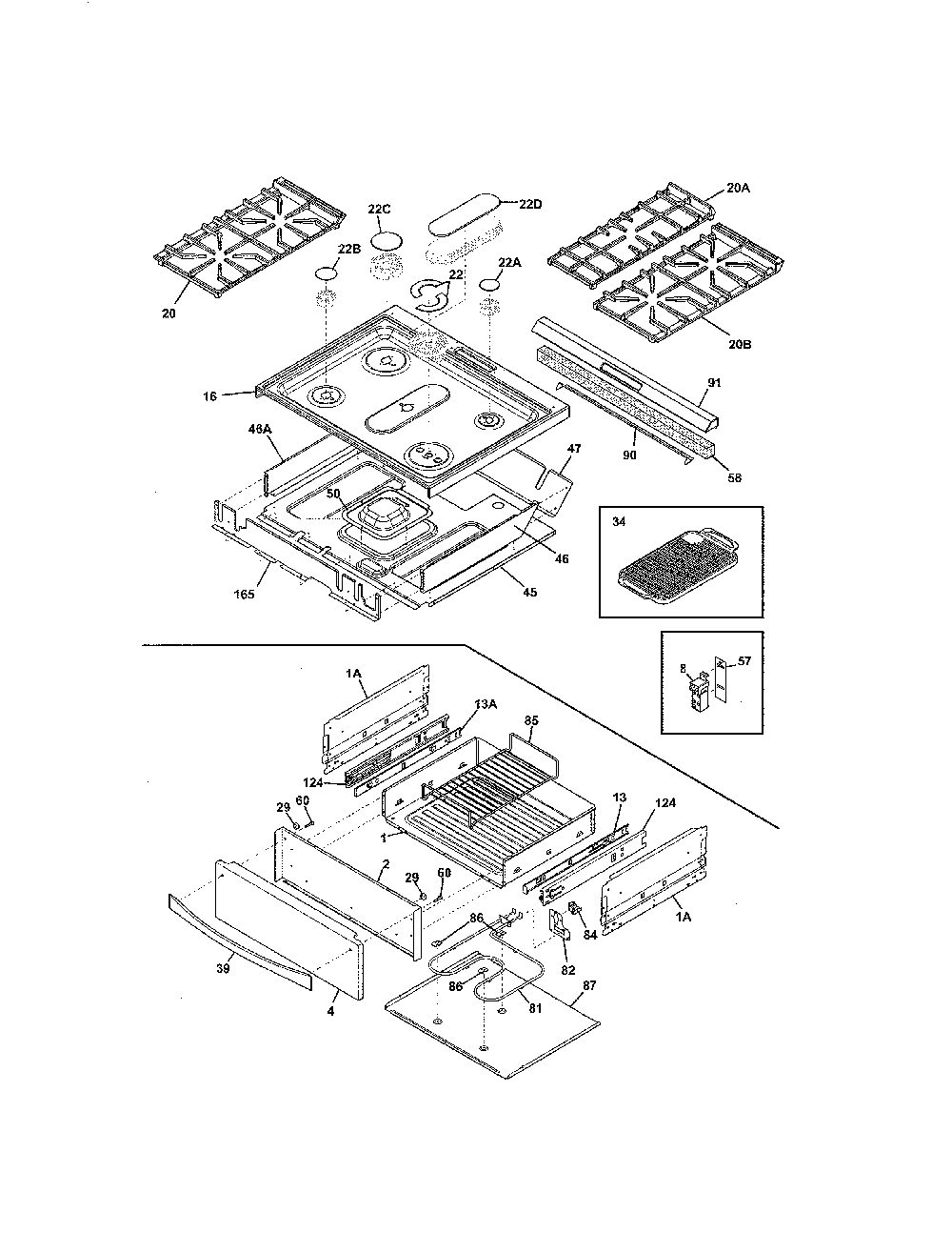 Top/Drawer Diagram and Parts List for 79032363410  Kenmore Range