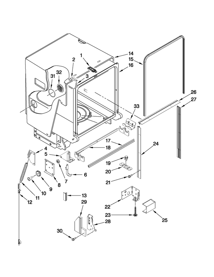Tub And Frame Parts Diagram and Parts List for JDB1275AWF1  Jenn-Air Dishwasher
