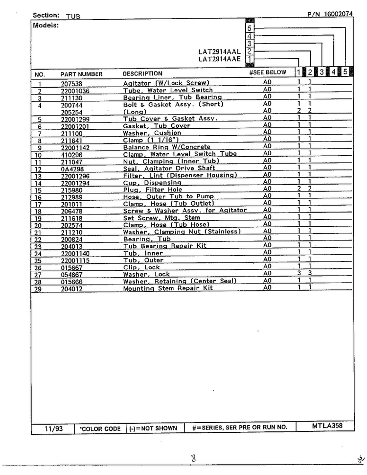 Tub Page 2 Diagram and Parts List for 6329  Maytag Washer