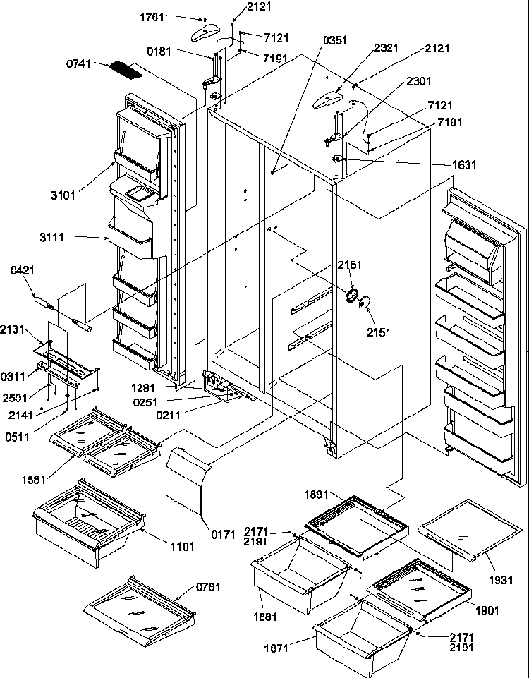 Refrigerator/freezer Shelves, Lights, And Hinges Diagram and Parts List for SRDE520SW-P1183103WW  Amana Refrigerator