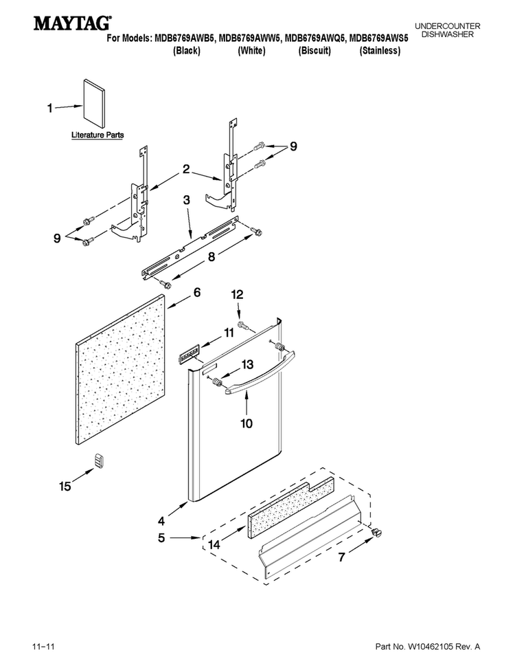 Door And Panel Parts Diagram and Parts List for MDB6769AWB5  Maytag Dishwasher