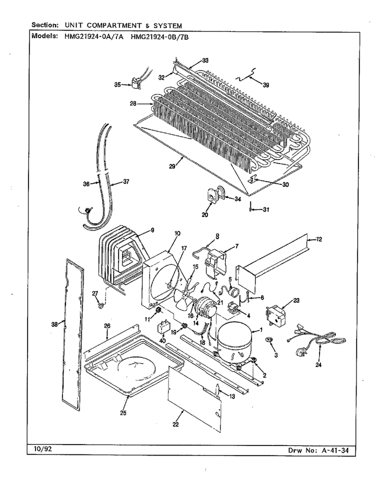 Unit Compartment And System Diagram and Parts List for 21924-7A  Admiral Refrigerator