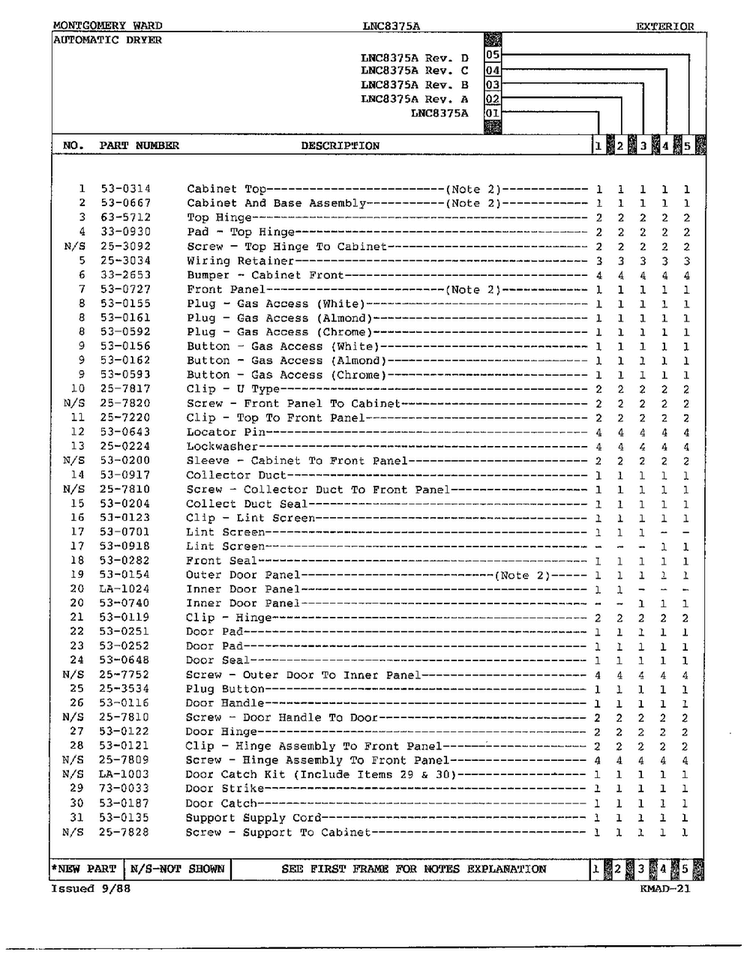 Gas Dryer Exterior Assembly Page 2 Diagram and Parts List for 8375A REV D Norge Dryer
