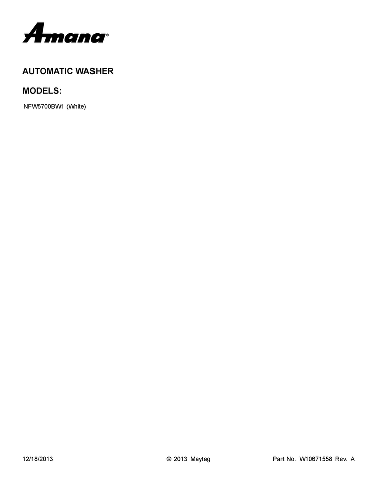 Cover Sheet Diagram and Parts List for NFW5700BW1  Amana Washer