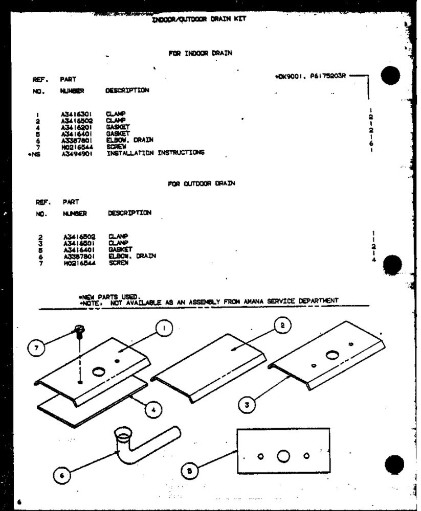 Indoor/Outdoor Drain Kit Diagram and Parts List for CBK320B1 P6476302R Amana Air Conditioner