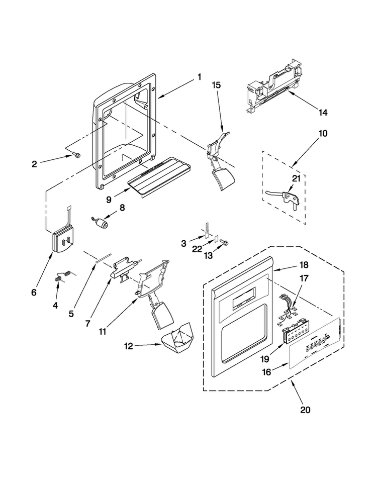 Dispenser Front Parts Diagram and Parts List for MSF25D2EAS01  Maytag Refrigerator