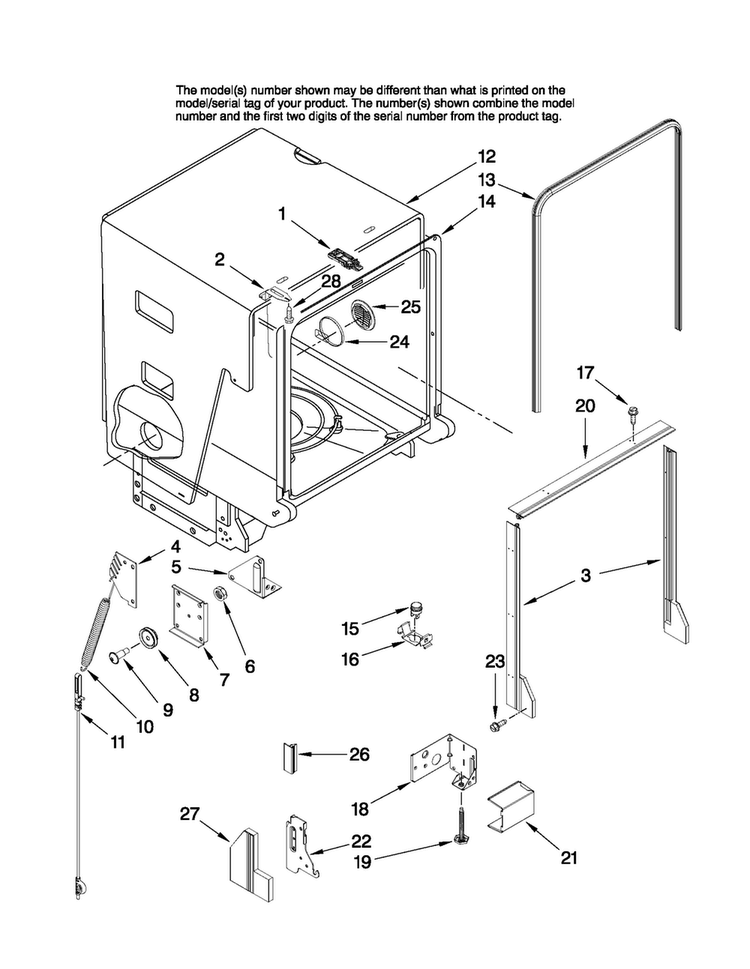 Tub And Frame Parts Diagram and Parts List for ADB2500AWB1  Amana Dishwasher
