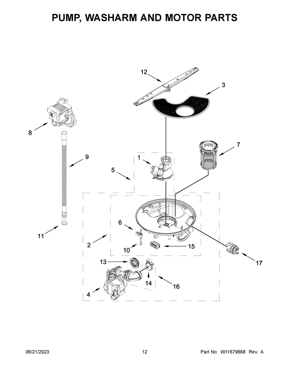Pump, Washarm And Motor Parts Diagram and Parts List for ADB1400AMW1  Amana Dishwasher