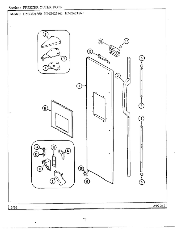 Freezer Outer Door Diagram and Parts List for HMG621860  Admiral Refrigerator