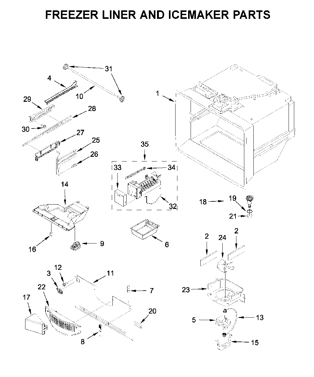 Freezer liner and icemaker parts Diagram and Parts List for MFF2558FEZ05  Maytag Refrigerator