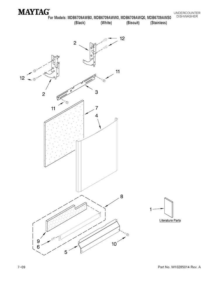 Door And Panel Parts Diagram and Parts List for MDB6709AWQ0  Maytag Dishwasher