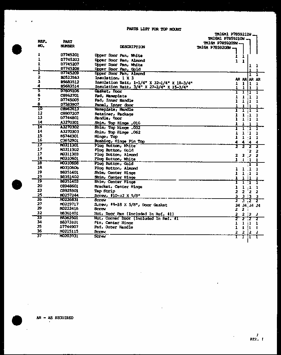 Freezer Door Parts (tm16m/p7859208w) (tm16m/p7859209w) (tm16m1/p7859210w) (tm16m1/p7859211w) Diagram and Parts List for TM18M-P7859213W  Amana Refrigerator
