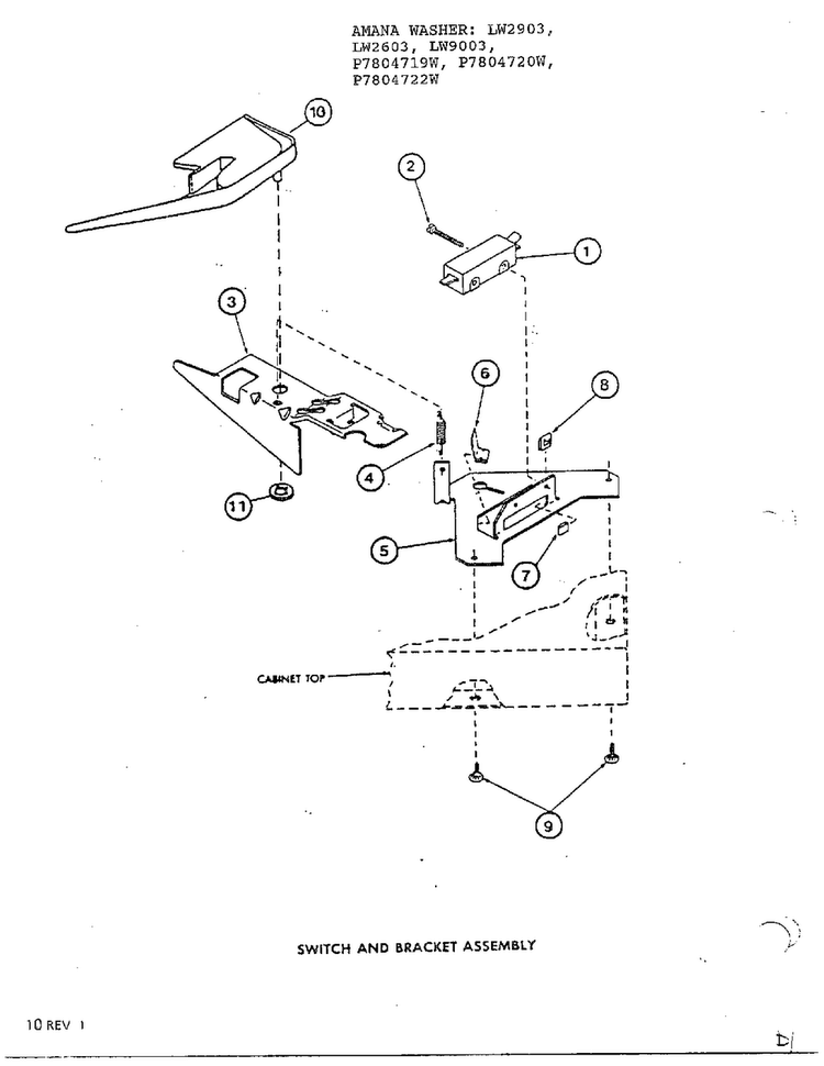 Switch And Bracket Assembly Diagram and Parts List for P7804719W  Amana Washer