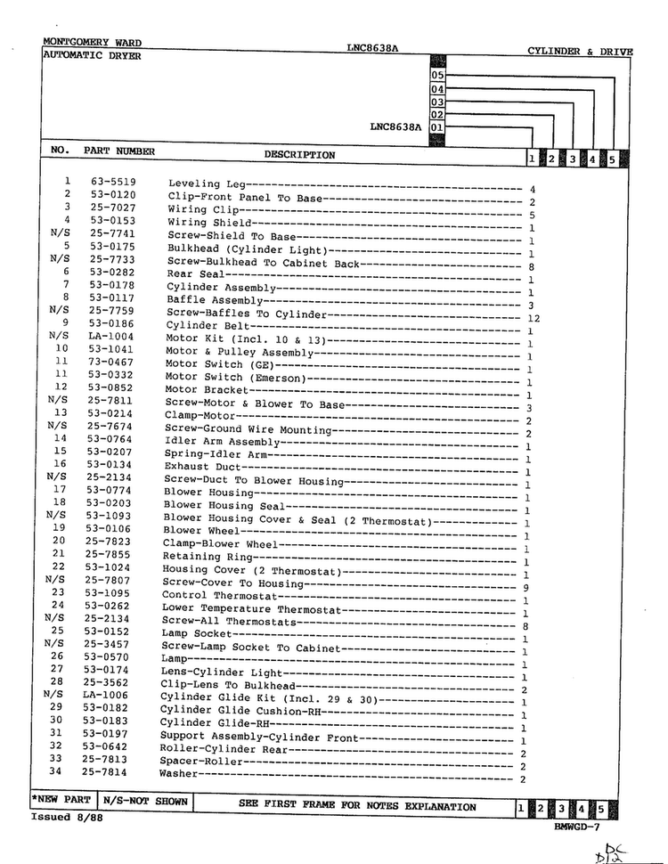 Automatic Dryer Page 7 Diagram and Parts List for 8638A REV A Norge Dryer
